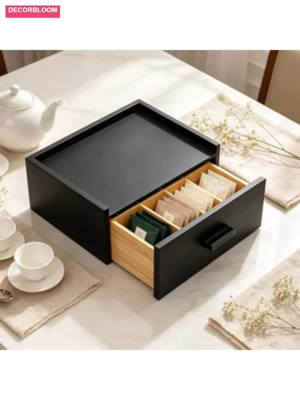 Bamboo Tea Bag Organizer Box with Drawer for Counter, 8 Compartments, Storage